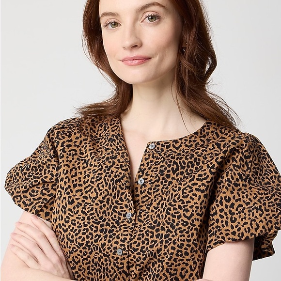 J. Crew Leopard Print Puff Sleeve Top Size Medium Tie Waist - Picture 2 of 13